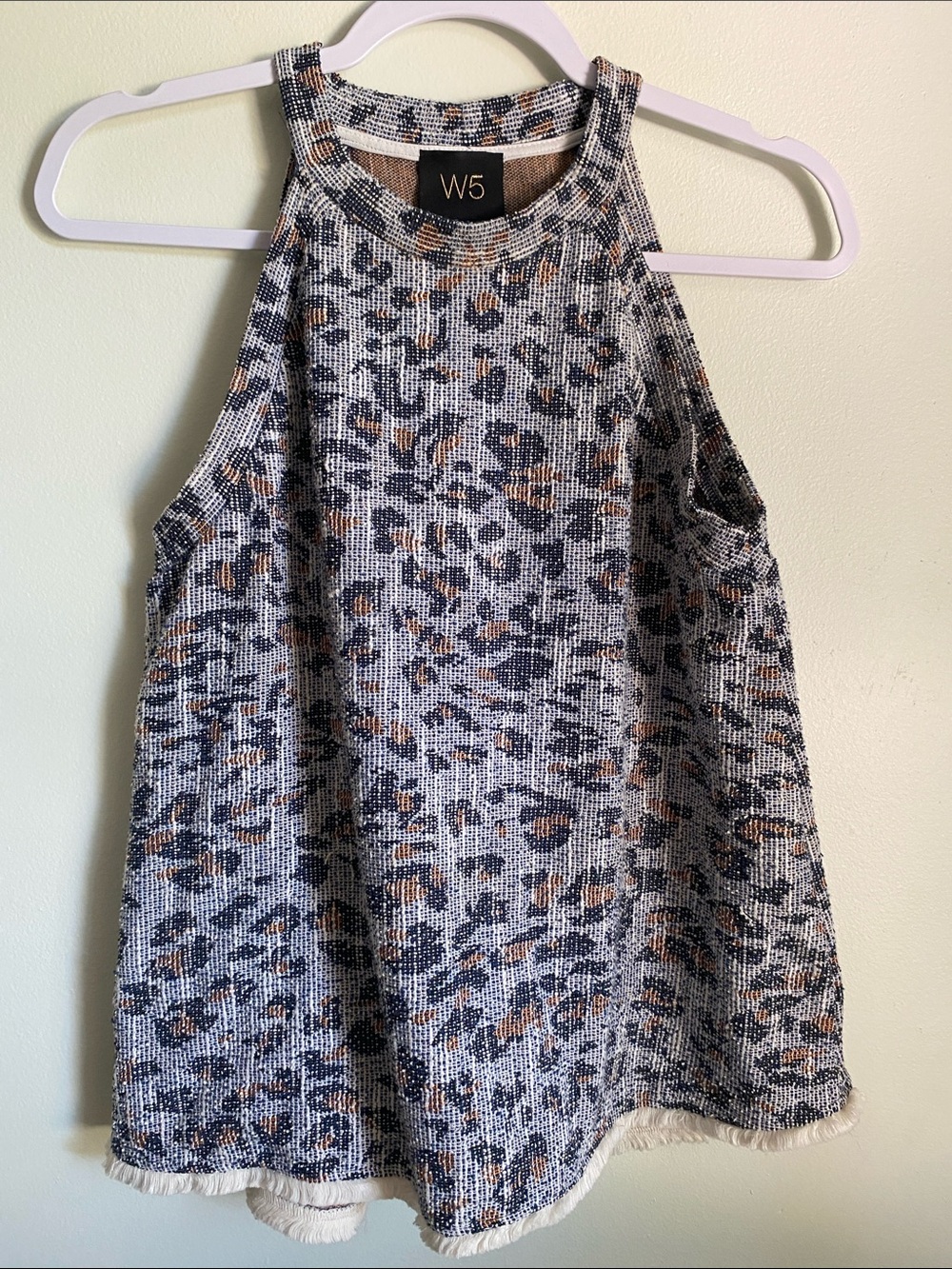 W5 Anthropologie Leopard Print Tank in Navy & Orange with Textured Fringe